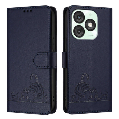 itel A50 Leather Phone Case with Cat and Rat Embossed Pattern, RFID Protection, Card Holder Slots, Anti-fall Feature & Lanyard