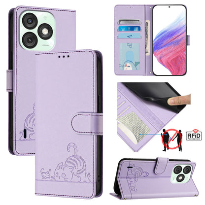itel A50 Leather Phone Case with Cat and Rat Embossed Pattern, RFID Protection, Card Holder Slots, Anti-fall Feature & Lanyard