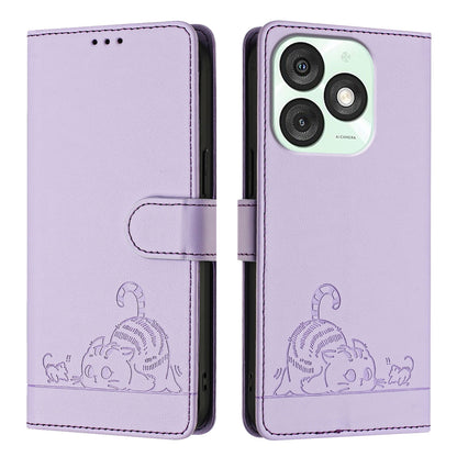 itel A50 Leather Phone Case with Cat and Rat Embossed Pattern, RFID Protection, Card Holder Slots, Anti-fall Feature & Lanyard