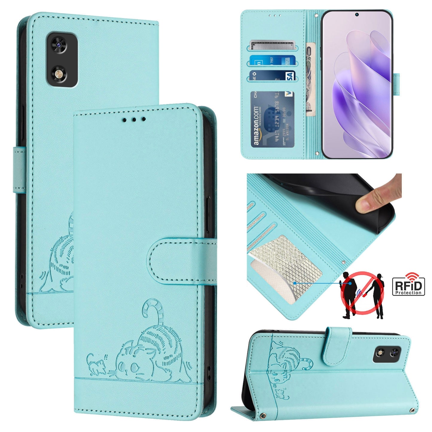 Tecno POP 5C Leather Phone Case with Cat and Rat Embossed Pattern, RFID Protection, Card Holder Slots, Anti-fall Feature & Lanyard