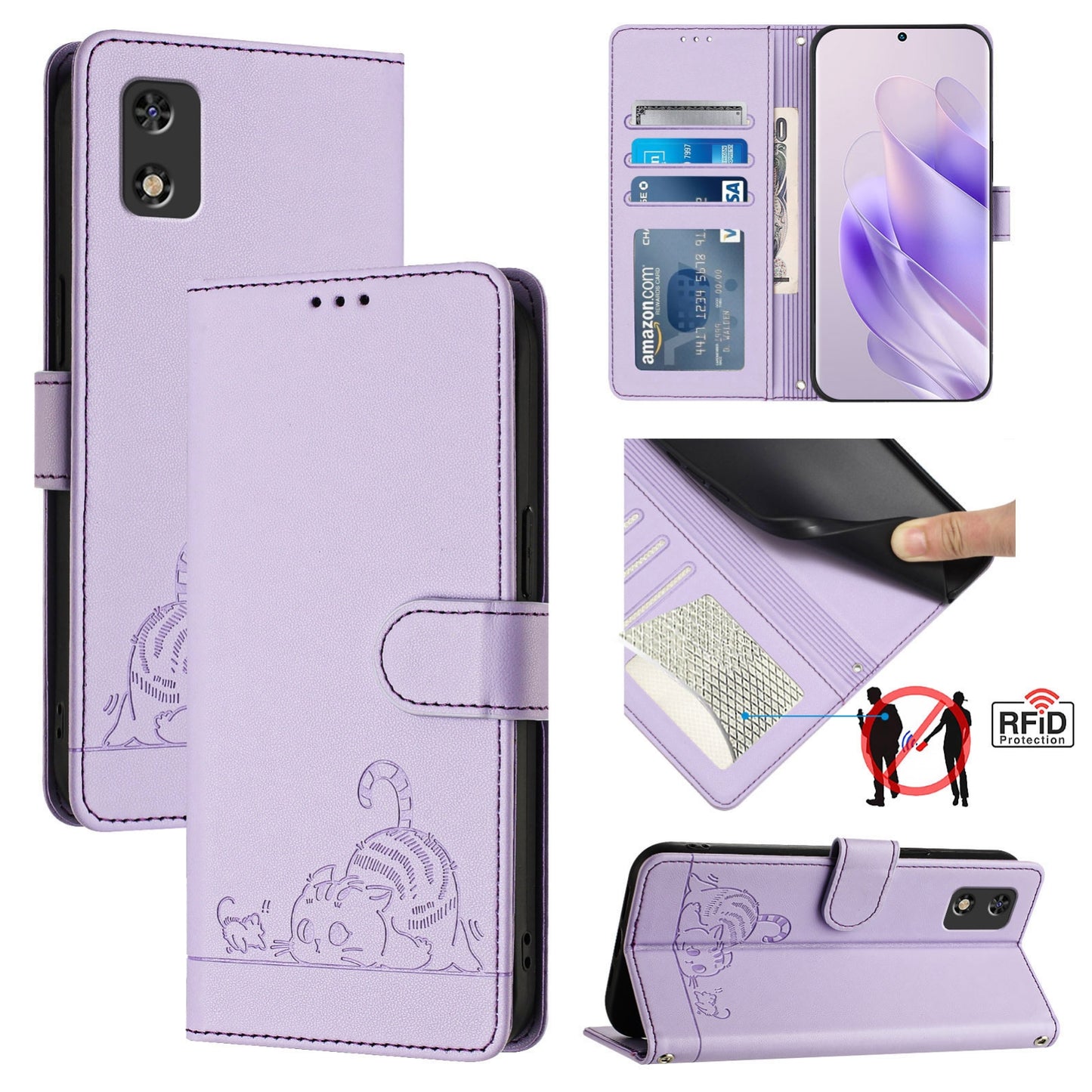 Tecno POP 5C Leather Phone Case with Cat and Rat Embossed Pattern, RFID Protection, Card Holder Slots, Anti-fall Feature & Lanyard