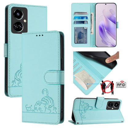 Tecno Camon 19 Leather Phone Case with Cat and Rat Embossed Pattern, RFID Protection, Card Holder Slots, Anti-fall Feature & Lanyard