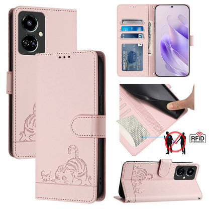 Tecno Camon 19 Leather Phone Case with Cat and Rat Embossed Pattern, RFID Protection, Card Holder Slots, Anti-fall Feature & Lanyard