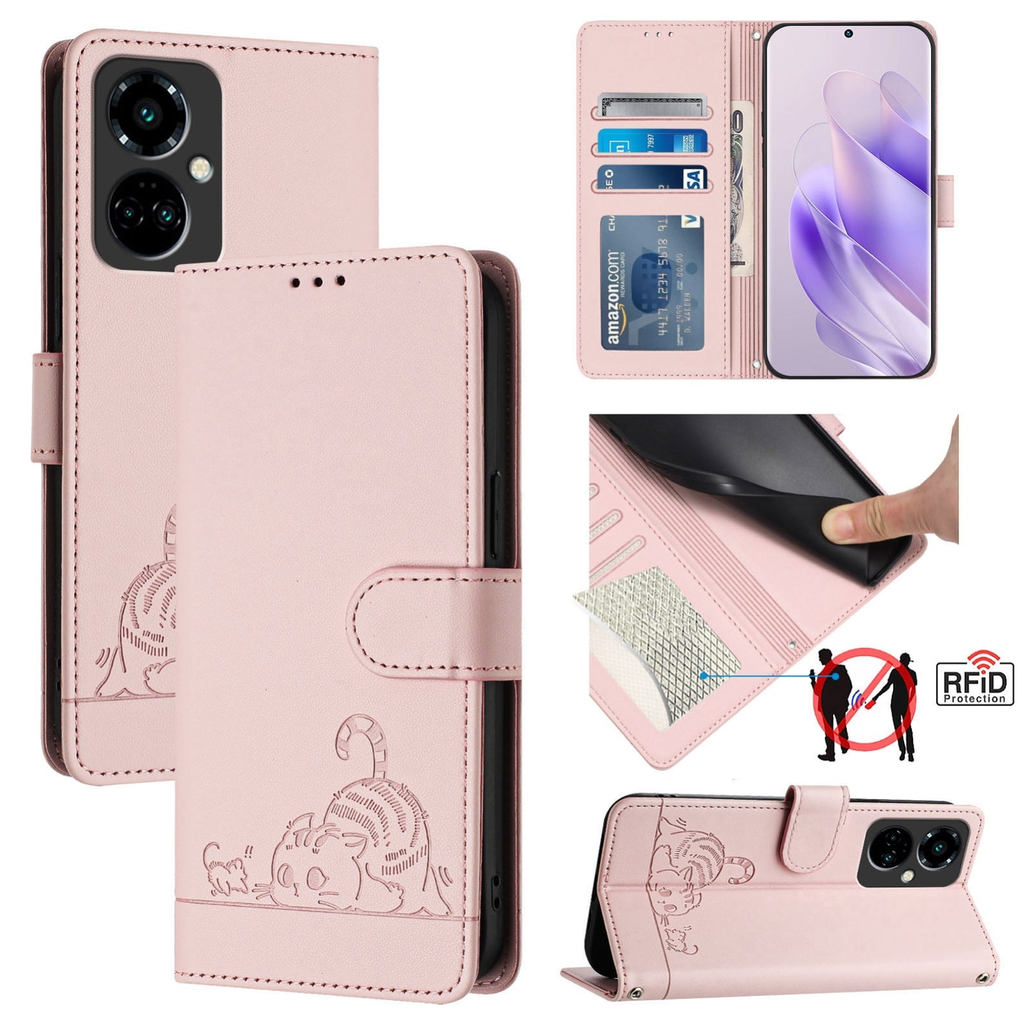 Tecno Camon 19 Pro 5G Leather Phone Case with Cat and Rat Embossed Pattern, RFID Protection, Card Holder Slots, Anti-fall Feature & Lanyard