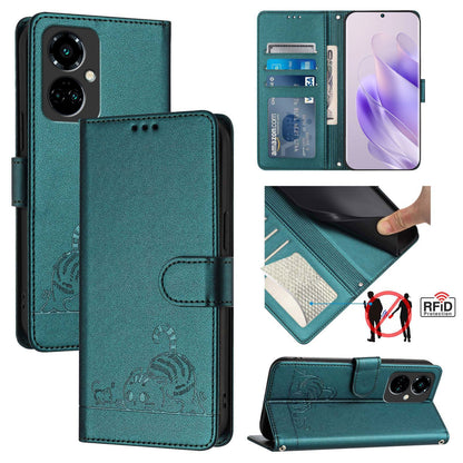 Tecno Camon 19 Pro 5G Leather Phone Case with Cat and Rat Embossed Pattern, RFID Protection, Card Holder Slots, Anti-fall Feature & Lanyard