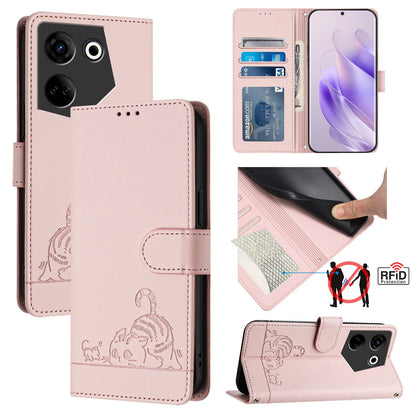 Tecno Camon 20 Leather Phone Case with Cat and Rat Embossed Pattern, RFID Protection, Card Holder Slots, Anti-fall Feature & Lanyard