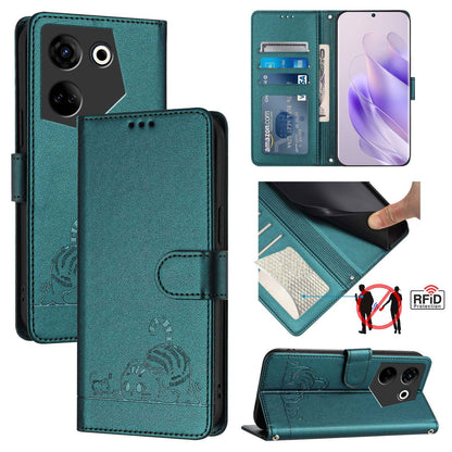 Tecno Camon 20 Leather Phone Case with Cat and Rat Embossed Pattern, RFID Protection, Card Holder Slots, Anti-fall Feature & Lanyard