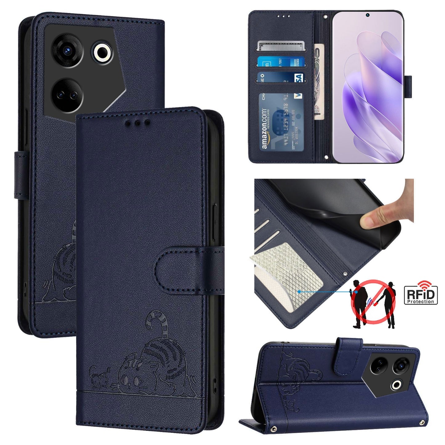 Tecno Camon 20 Leather Phone Case with Cat and Rat Embossed Pattern, RFID Protection, Card Holder Slots, Anti-fall Feature & Lanyard