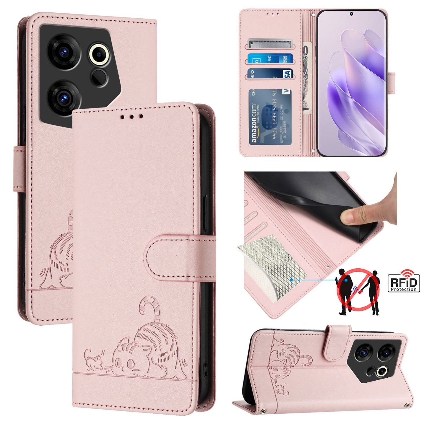 Tecno Camon 20 Premier 5G Leather Phone Case with Cat and Rat Embossed Pattern, RFID Protection, Card Holder Slots, Anti-fall Feature & Lanyard