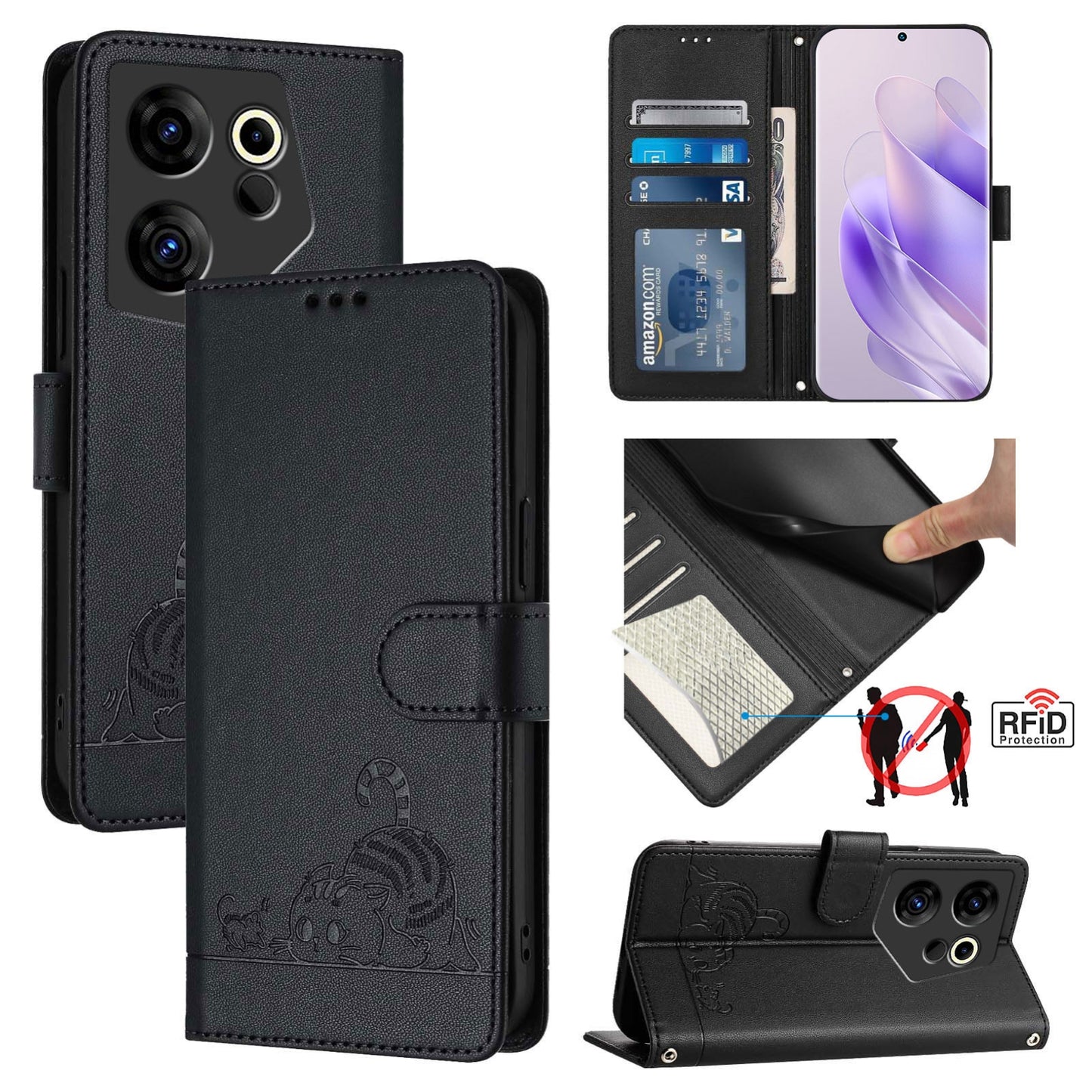 Tecno Camon 20 Premier 5G Leather Phone Case with Cat and Rat Embossed Pattern, RFID Protection, Card Holder Slots, Anti-fall Feature & Lanyard