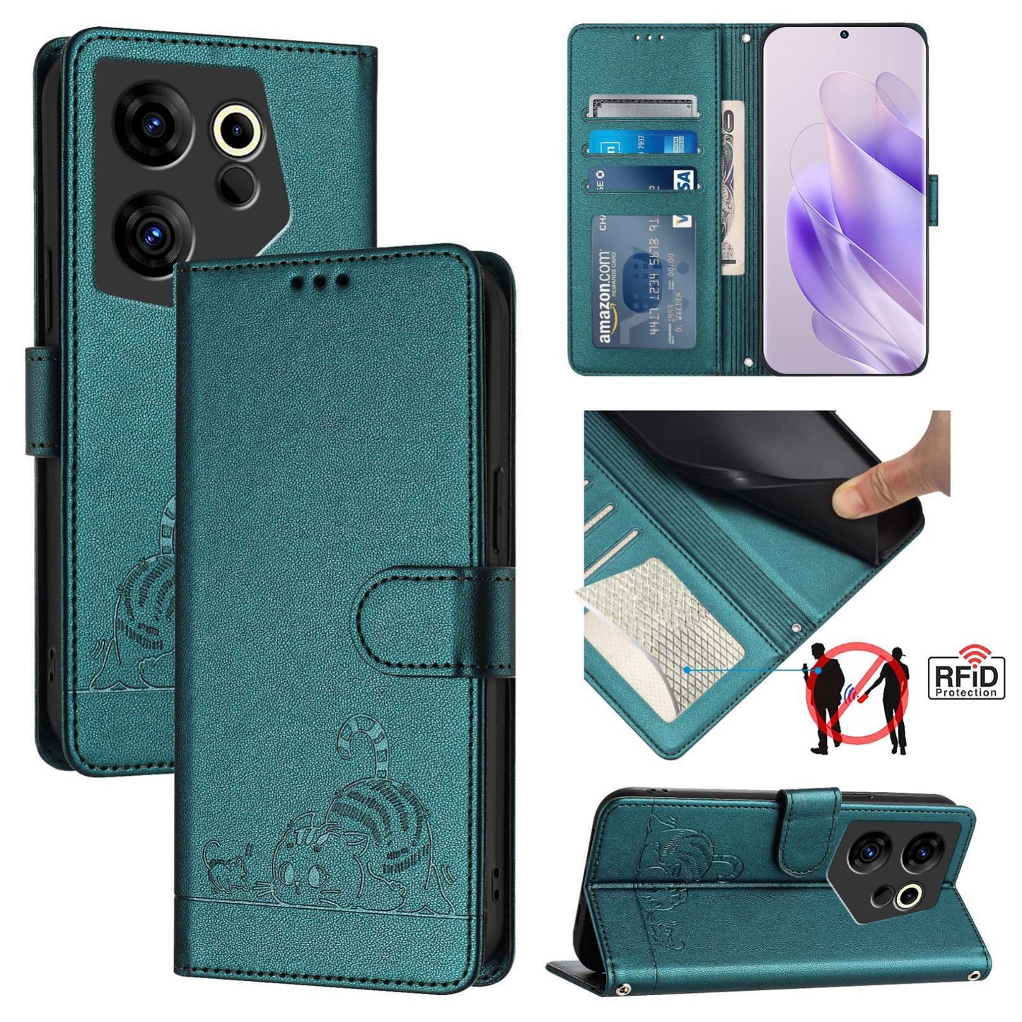 Tecno Camon 20 Premier 5G Leather Phone Case with Cat and Rat Embossed Pattern, RFID Protection, Card Holder Slots, Anti-fall Feature & Lanyard