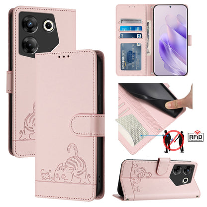 Tecno Camon 20 Pro 5G Leather Phone Case with Cat and Rat Embossed Pattern, RFID Protection, Card Holder Slots, Anti-fall Feature & Lanyard