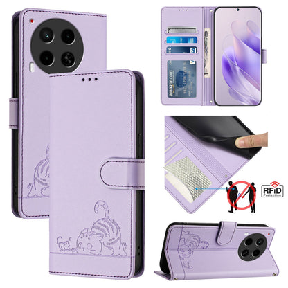Tecno Camon 30 5G CL7 Leather Phone Case with Cat and Rat Embossed Pattern, RFID Protection, Card Holder Slots, Anti-fall Feature & Lanyard