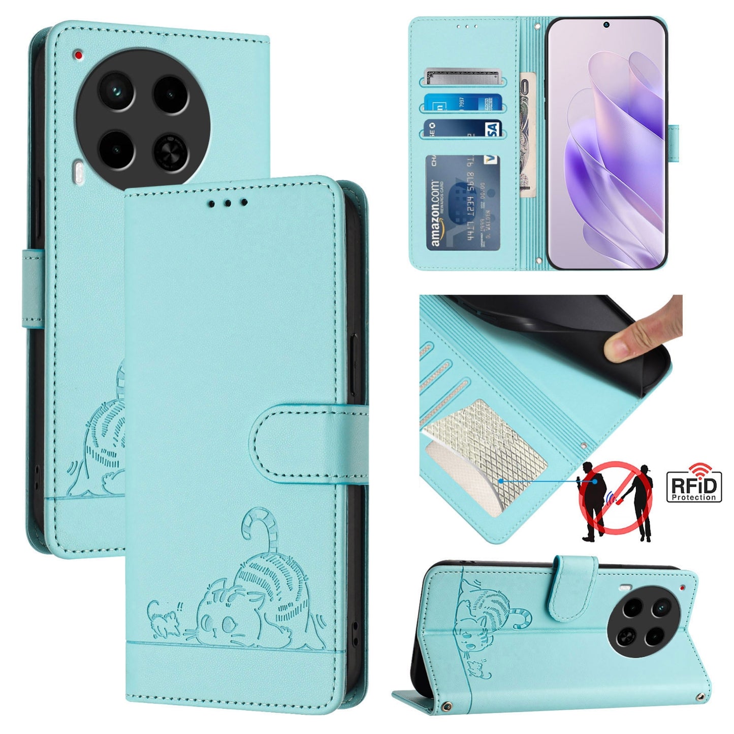 Tecno Camon 30 4G Leather Phone Case with Cat and Rat Embossed Pattern, RFID Protection, Card Holder Slots, Anti-fall Feature & Lanyard