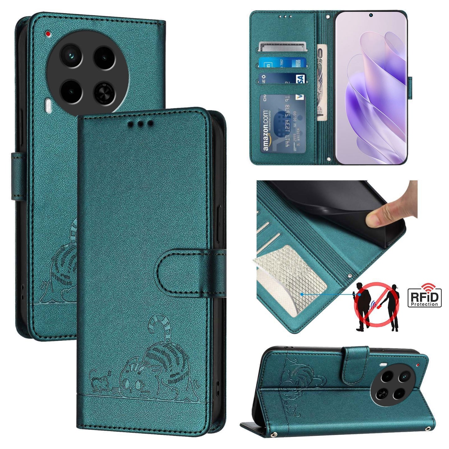 Tecno Camon 30 4G Leather Phone Case with Cat and Rat Embossed Pattern, RFID Protection, Card Holder Slots, Anti-fall Feature & Lanyard