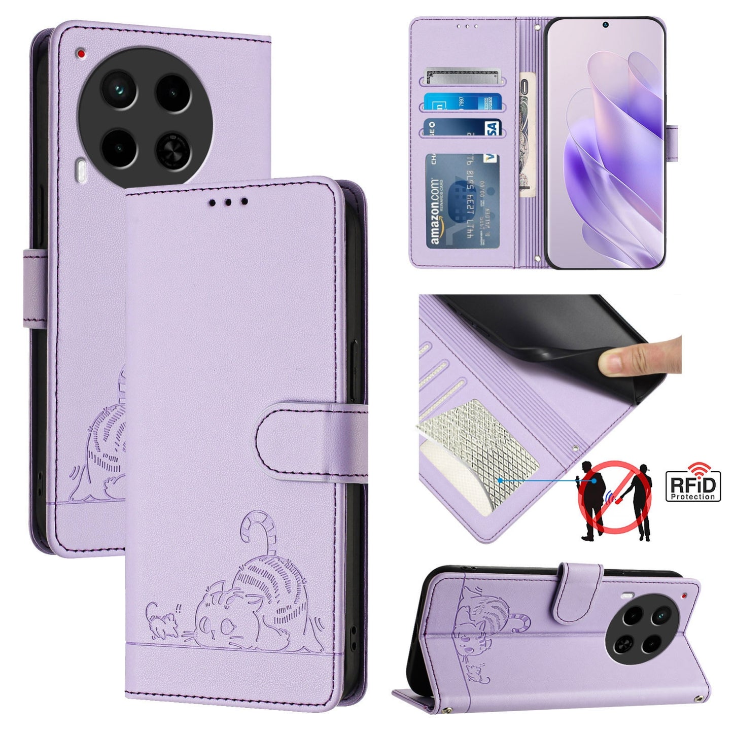 Tecno Camon 30 4G Leather Phone Case with Cat and Rat Embossed Pattern, RFID Protection, Card Holder Slots, Anti-fall Feature & Lanyard