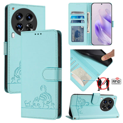 Tecno Camon 30 Premier 5G cl9 Leather Phone Case with Cat and Rat Embossed Pattern, RFID Protection, Card Holder Slots, Anti-fall Feature & Lanyard