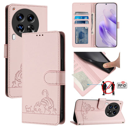 Tecno Camon 30 Premier 5G cl9 Leather Phone Case with Cat and Rat Embossed Pattern, RFID Protection, Card Holder Slots, Anti-fall Feature & Lanyard