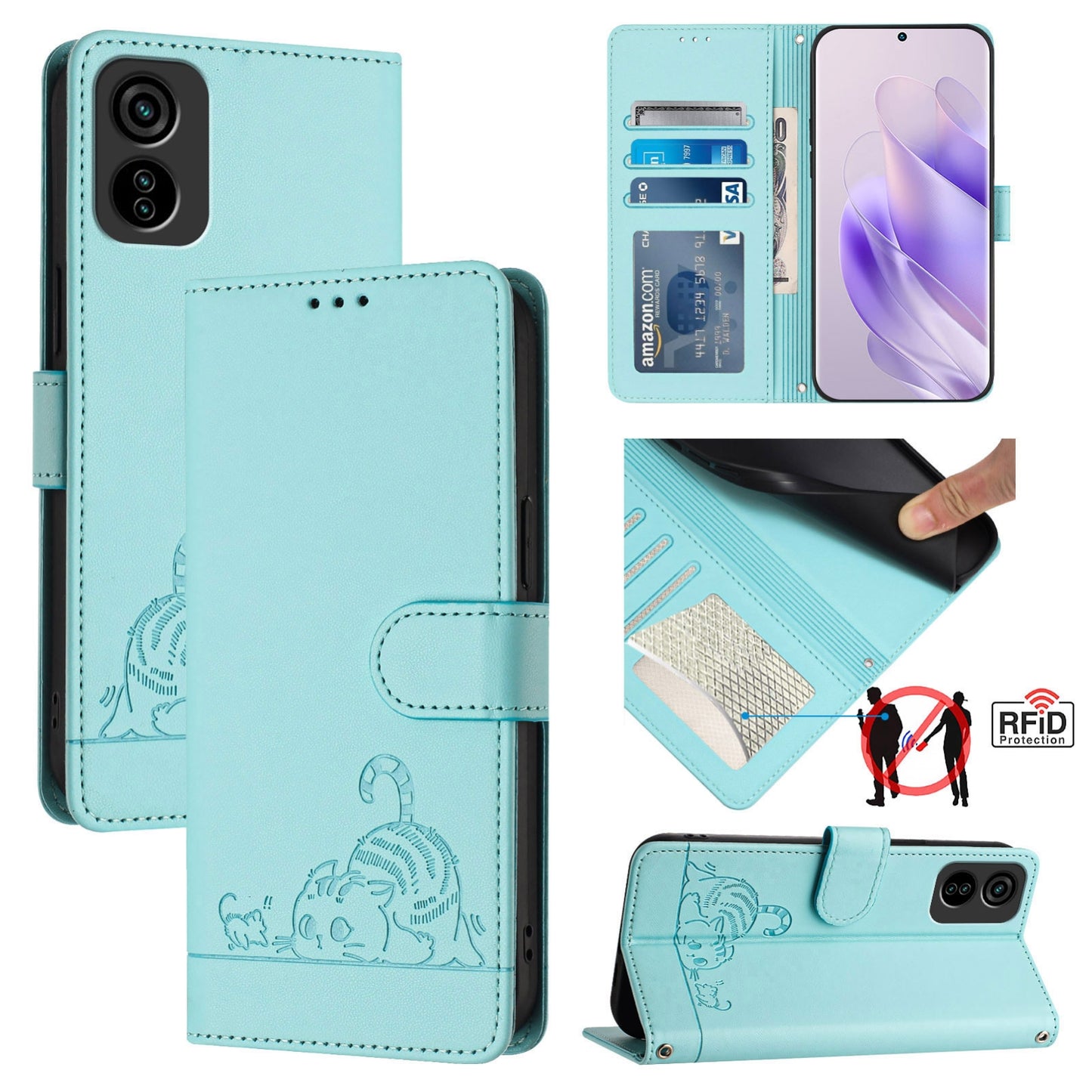 Tecno POP 6C Leather Phone Case with Cat and Rat Embossed Pattern, RFID Protection, Card Holder Slots, Anti-fall Feature & Lanyard