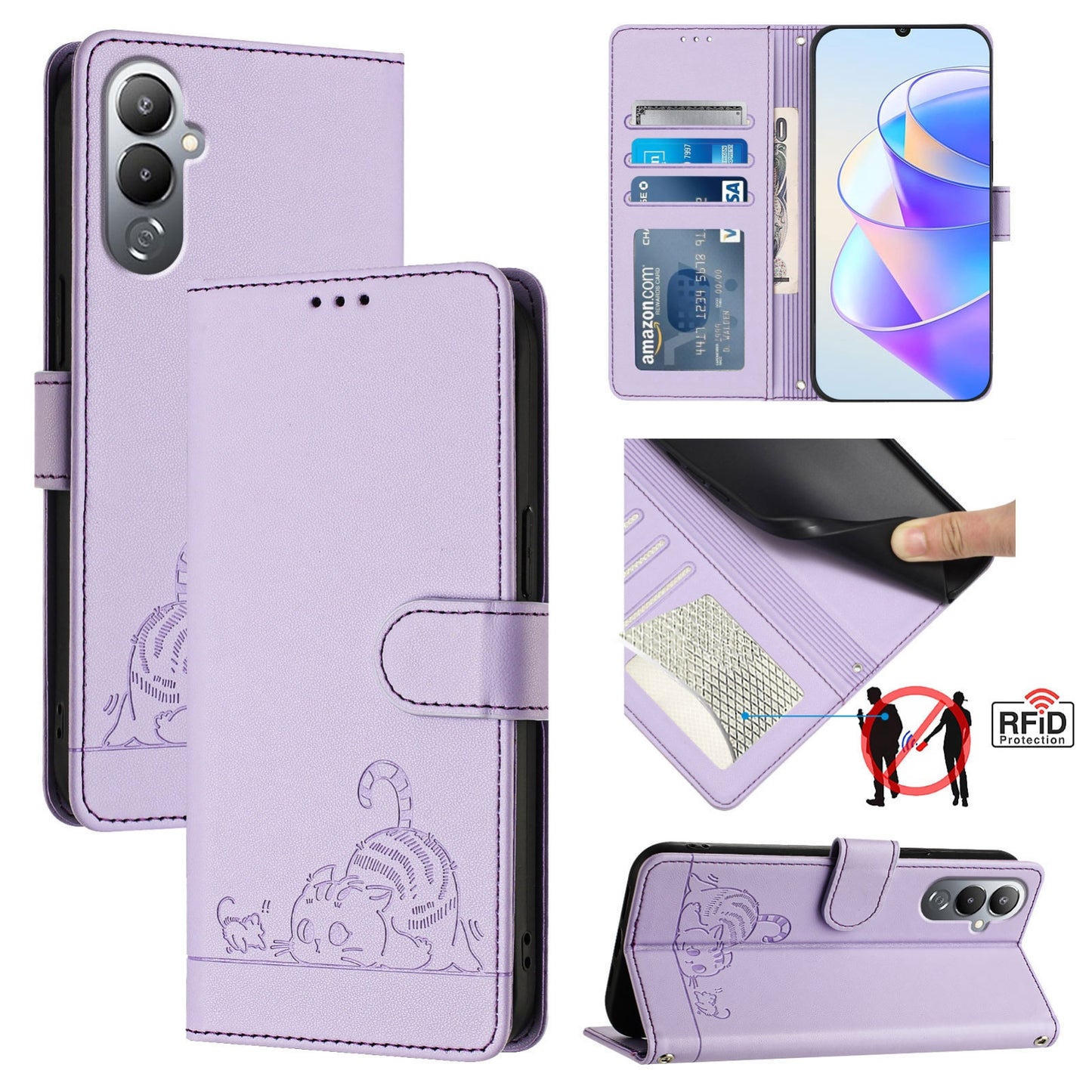 Tecno POVA 4 Leather Phone Case with Cat and Rat Embossed Pattern, RFID Protection, Card Holder Slots, Anti-fall Feature & Lanyard