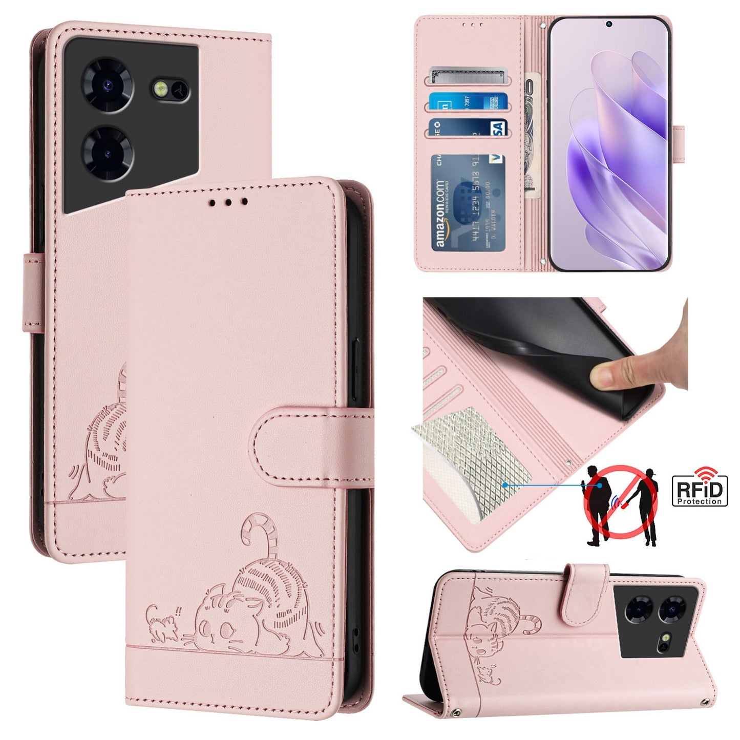 Tecno Pova 5 4G Leather Phone Case with Cat and Rat Embossed Pattern, RFID Protection, Card Holder Slots, Anti-fall Feature & Lanyard