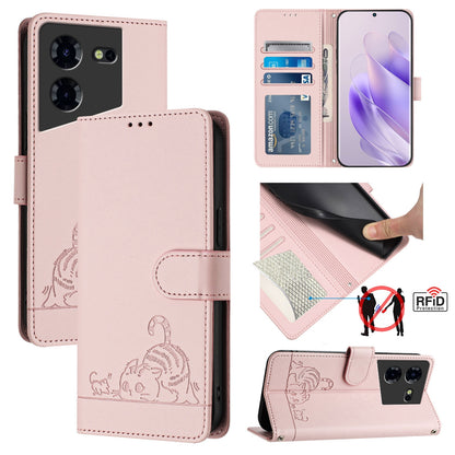 Tecno Pova 5 4G Leather Phone Case with Cat and Rat Embossed Pattern, RFID Protection, Card Holder Slots, Anti-fall Feature & Lanyard