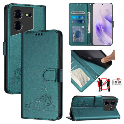 Tecno Pova 5 Pro 5G Leather Phone Case with Cat and Rat Embossed Pattern, RFID Protection, Card Holder Slots, Anti-fall Feature & Lanyard