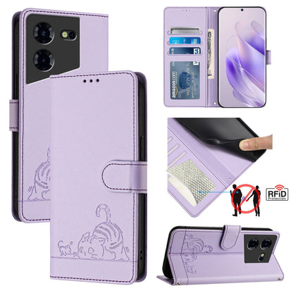 Tecno Pova 5 Pro 5G Leather Phone Case with Cat and Rat Embossed Pattern, RFID Protection, Card Holder Slots, Anti-fall Feature & Lanyard