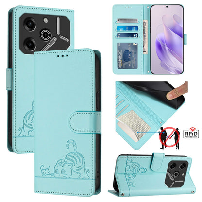 Tecno Pova 6 Pro li9 Leather Phone Case with Cat and Rat Embossed Pattern, RFID Protection, Card Holder Slots, Anti-fall Feature & Lanyard