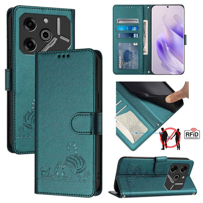 Tecno Pova 6 Pro li9 Leather Phone Case with Cat and Rat Embossed Pattern, RFID Protection, Card Holder Slots, Anti-fall Feature & Lanyard