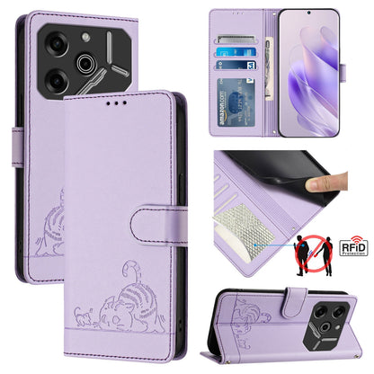 Tecno Pova 6 Pro li9 Leather Phone Case with Cat and Rat Embossed Pattern, RFID Protection, Card Holder Slots, Anti-fall Feature & Lanyard