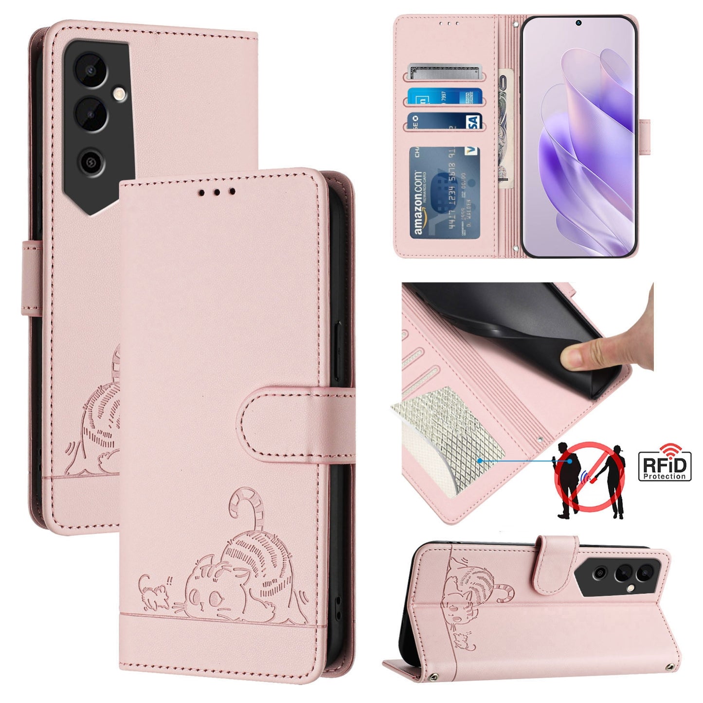 Tecno Pova NEO 2 Leather Phone Case with Cat and Rat Embossed Pattern, RFID Protection, Card Holder Slots, Anti-fall Feature & Lanyard