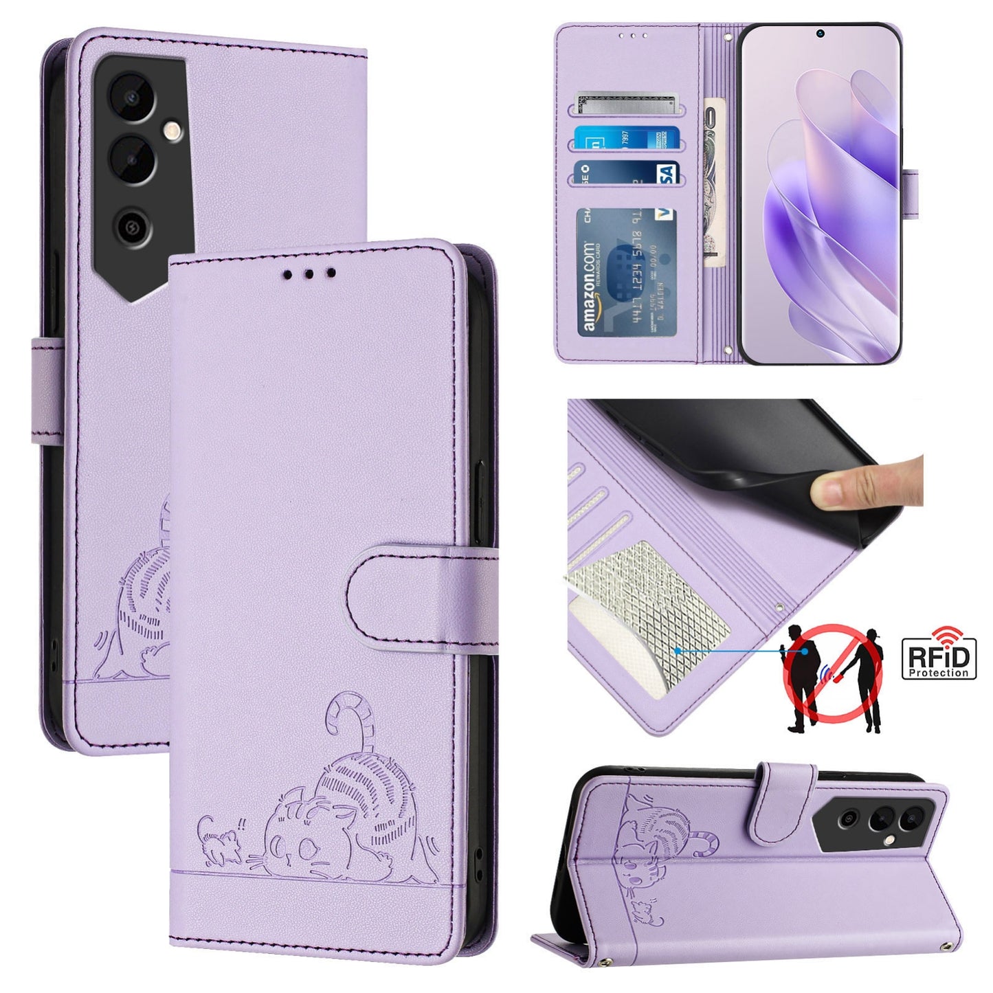 Tecno Pova NEO 2 Leather Phone Case with Cat and Rat Embossed Pattern, RFID Protection, Card Holder Slots, Anti-fall Feature & Lanyard