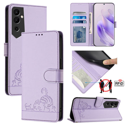 Tecno Pova NEO 2 Leather Phone Case with Cat and Rat Embossed Pattern, RFID Protection, Card Holder Slots, Anti-fall Feature & Lanyard