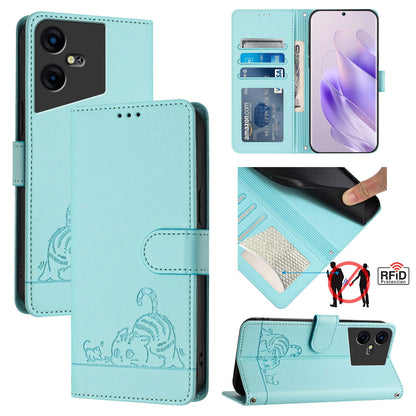 Tecno Pova Neo 3 Leather Phone Case with Cat and Rat Embossed Pattern, RFID Protection, Card Holder Slots, Anti-fall Feature & Lanyard