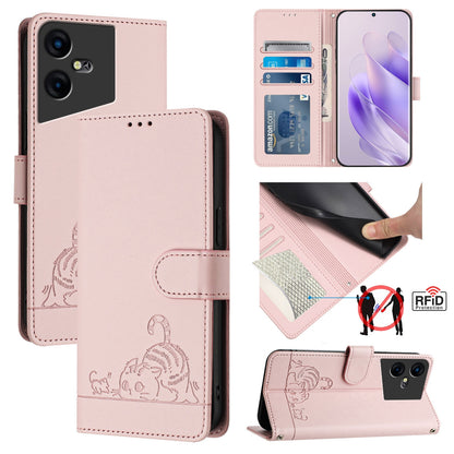 Tecno Pova Neo 3 Leather Phone Case with Cat and Rat Embossed Pattern, RFID Protection, Card Holder Slots, Anti-fall Feature & Lanyard