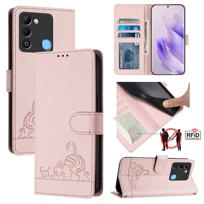 Tecno Spark 9 Leather Phone Case with Cat and Rat Embossed Pattern, RFID Protection, Card Holder Slots, Anti-fall Feature & Lanyard