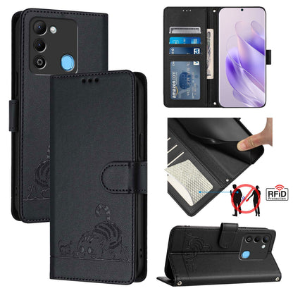 Tecno Spark 9 Leather Phone Case with Cat and Rat Embossed Pattern, RFID Protection, Card Holder Slots, Anti-fall Feature & Lanyard