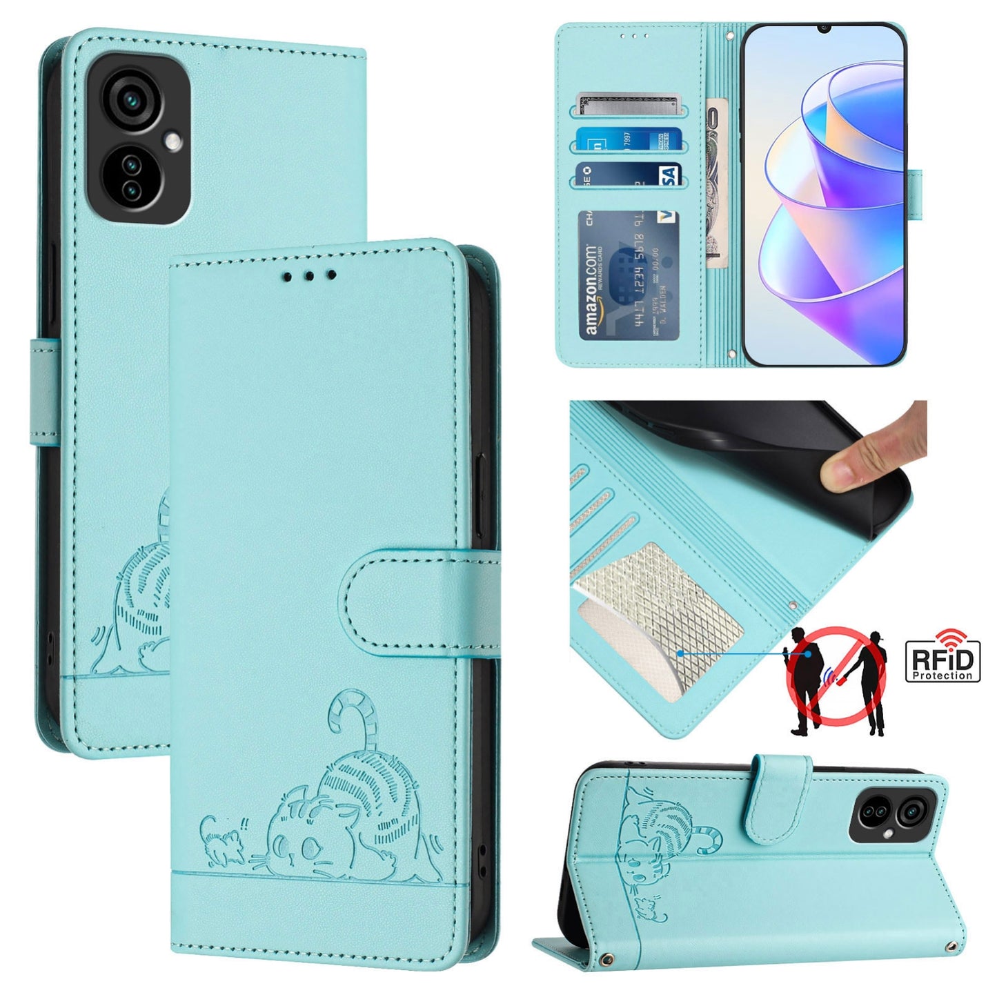 Tecno Spark 9 Pro Leather Phone Case with Cat and Rat Embossed Pattern, RFID Protection, Card Holder Slots, Anti-fall Feature & Lanyard