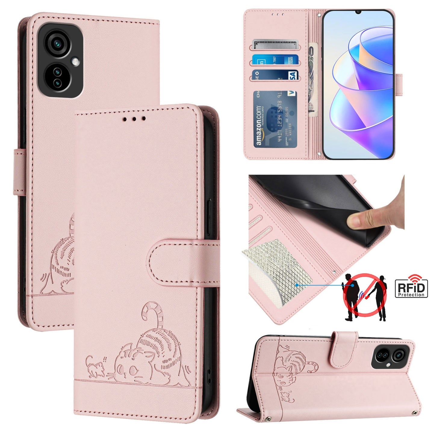 Tecno Spark 9 Pro Leather Phone Case with Cat and Rat Embossed Pattern, RFID Protection, Card Holder Slots, Anti-fall Feature & Lanyard