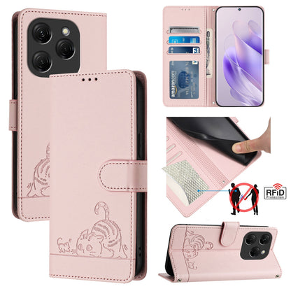 Tecno Spark 20 Pro Leather Phone Case with Cat and Rat Embossed Pattern, RFID Protection, Card Holder Slots, Anti-fall Feature & Lanyard