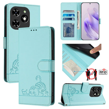 Tecno Spark 20C Leather Phone Case with Cat and Rat Embossed Pattern, RFID Protection, Card Holder Slots, Anti-fall Feature & Lanyard