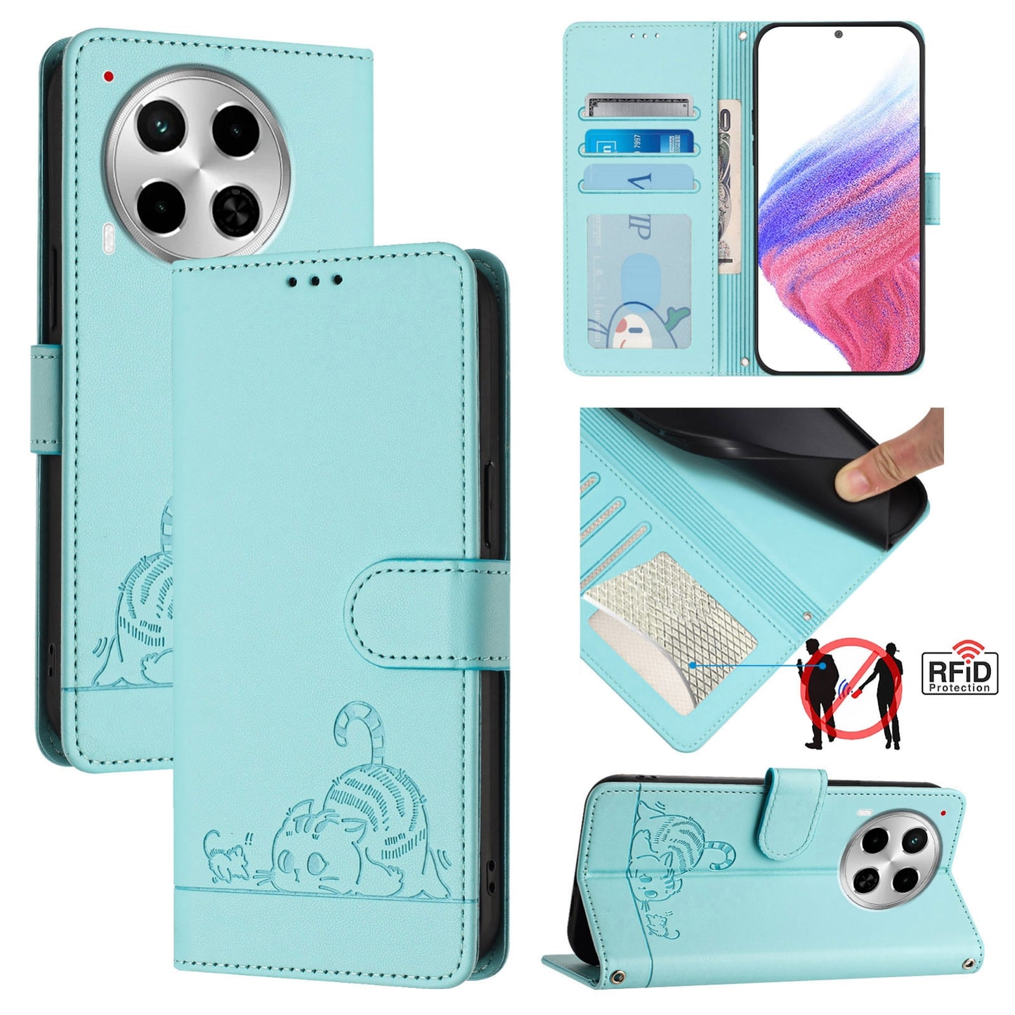 Tecno Camon 30 5G Leather Phone Case with Cat and Rat Embossed Pattern, RFID Protection, Card Holder Slots, Anti-fall Feature & Lanyard