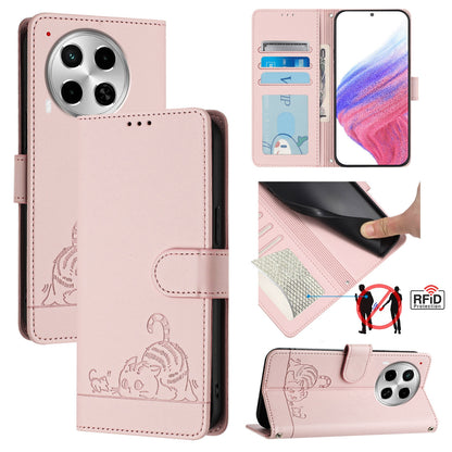 Tecno Camon 30 5G Leather Phone Case with Cat and Rat Embossed Pattern, RFID Protection, Card Holder Slots, Anti-fall Feature & Lanyard