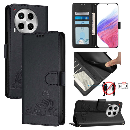 Tecno Camon 30 5G Leather Phone Case with Cat and Rat Embossed Pattern, RFID Protection, Card Holder Slots, Anti-fall Feature & Lanyard