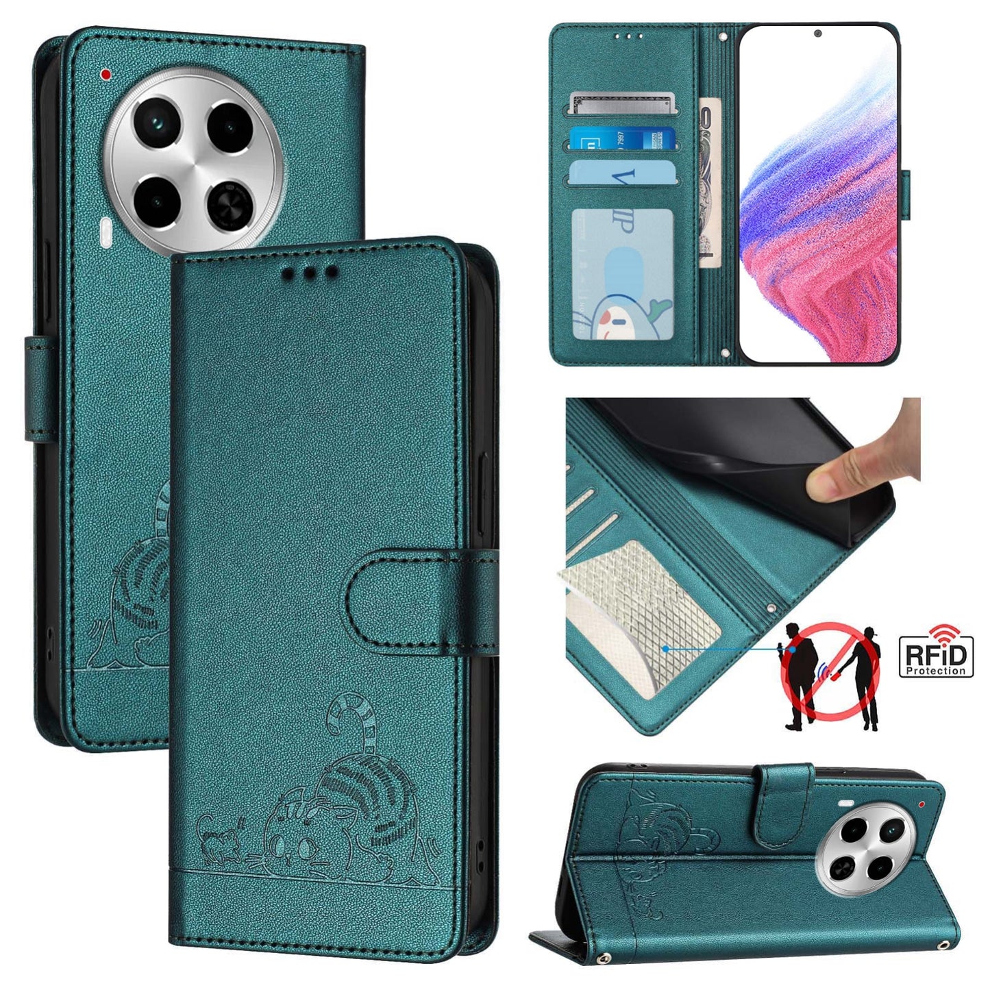 Tecno Camon 30 5G Leather Phone Case with Cat and Rat Embossed Pattern, RFID Protection, Card Holder Slots, Anti-fall Feature & Lanyard