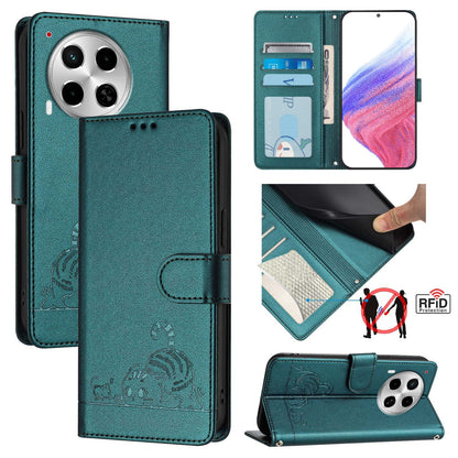 Tecno Camon 30 5G Leather Phone Case with Cat and Rat Embossed Pattern, RFID Protection, Card Holder Slots, Anti-fall Feature & Lanyard