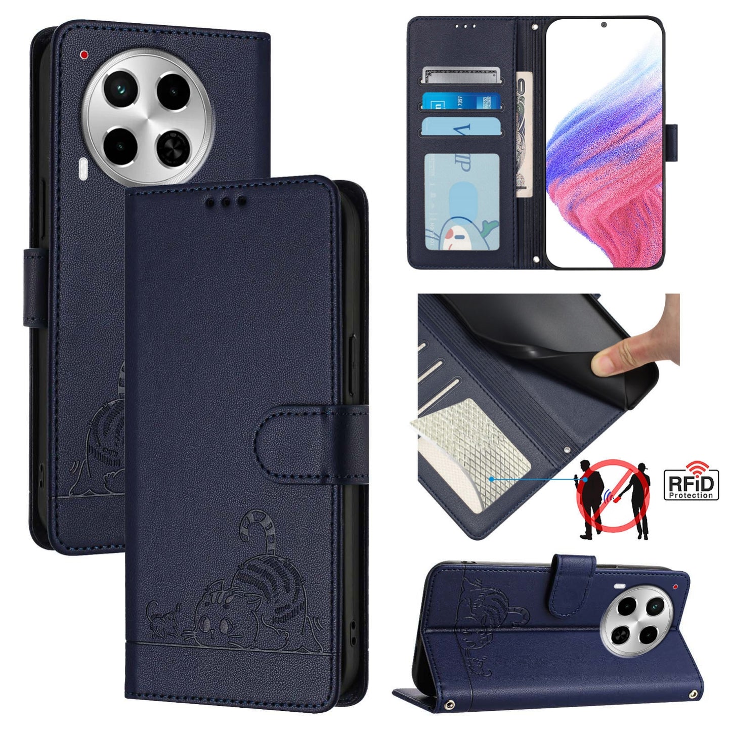 Tecno Camon 30 5G Leather Phone Case with Cat and Rat Embossed Pattern, RFID Protection, Card Holder Slots, Anti-fall Feature & Lanyard