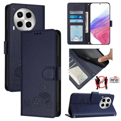 Tecno Camon 30 5G Leather Phone Case with Cat and Rat Embossed Pattern, RFID Protection, Card Holder Slots, Anti-fall Feature & Lanyard