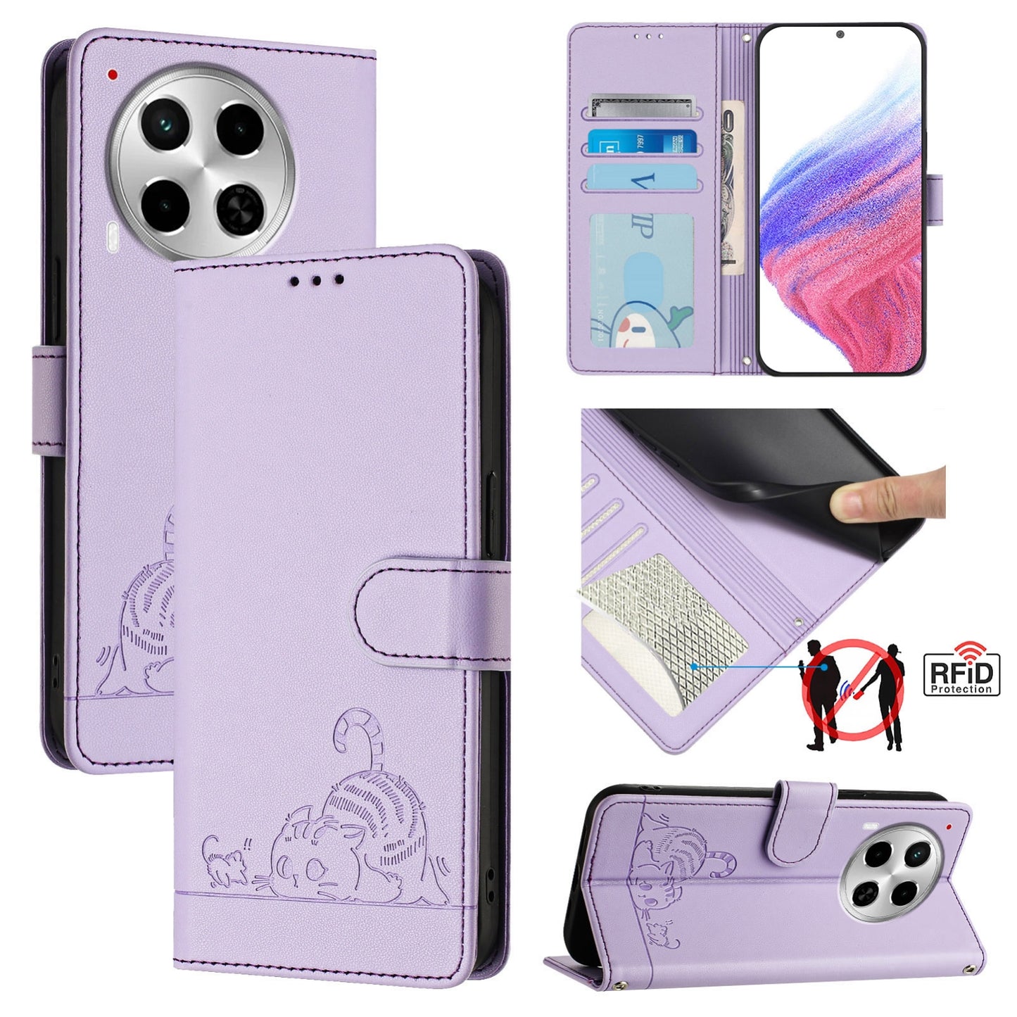 Tecno Camon 30 5G Leather Phone Case with Cat and Rat Embossed Pattern, RFID Protection, Card Holder Slots, Anti-fall Feature & Lanyard